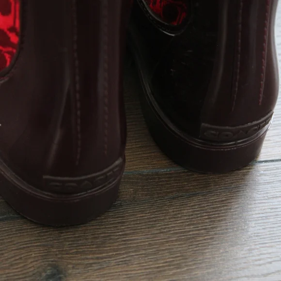 Coach Burgundy Patent Rain Chelsea Boots with Red Signature Sock - Picture 8 of 8